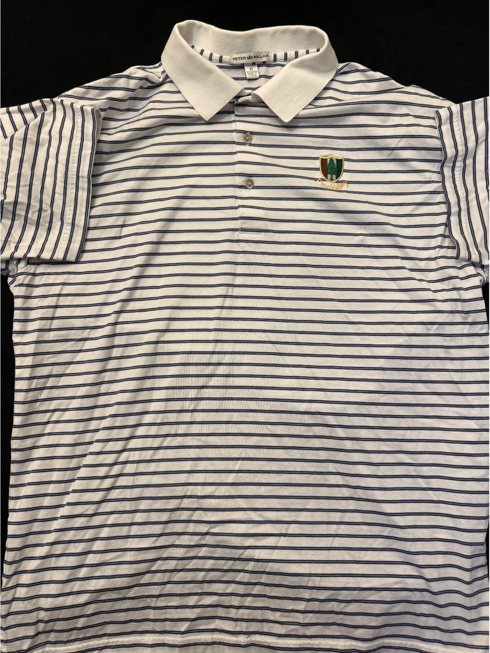 Peter Millar XL White and Navy Striped Polo Shirt with Pine Valley Embroidery